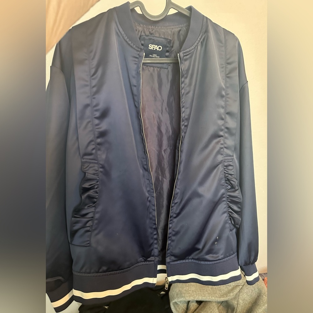 SPAO Navy Satin Bomber Jacket Embroidered Back One Day Midnight Size S